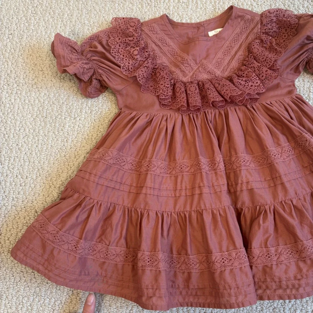 Noralee Genevieve Dress in Poppy Pink Lace Size 2 | Tiered Cotton Kids Girly